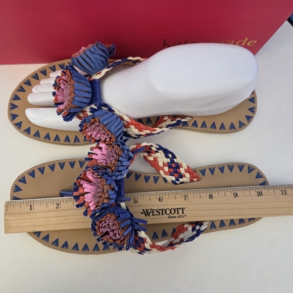 Kate Spade Idette Fringe Rosette Pom Sandal Flip Flop Blue Tangelo Tan Women’s 9 - Picture 4 of 15